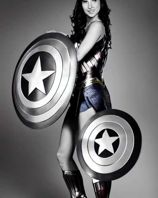 Image similar to A studio photo of Gal Gadot as Wonder Woman holding Captain America’s Shield, bokeh, 90mm, f/1.4 Shot in the Style of Mario Testino