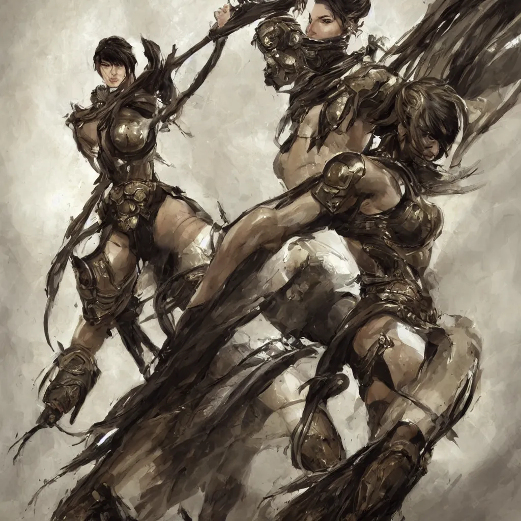 Prompt: a professionally painting of an attractive young goddess, partially wrapped in battle armor, olive skin, long dark hair, beautiful bone structure, perfectly proportioned, symmetrical facial features, intricate, elegant, heroic pose, digital painting, concept art, smooth, sharp focus, finely detailed, abstractly framed, from Metal Gear, in the mixed styles of Ruan Jia and Mandy Jurgens and Artgerm and William-Adolphe Bouguerea