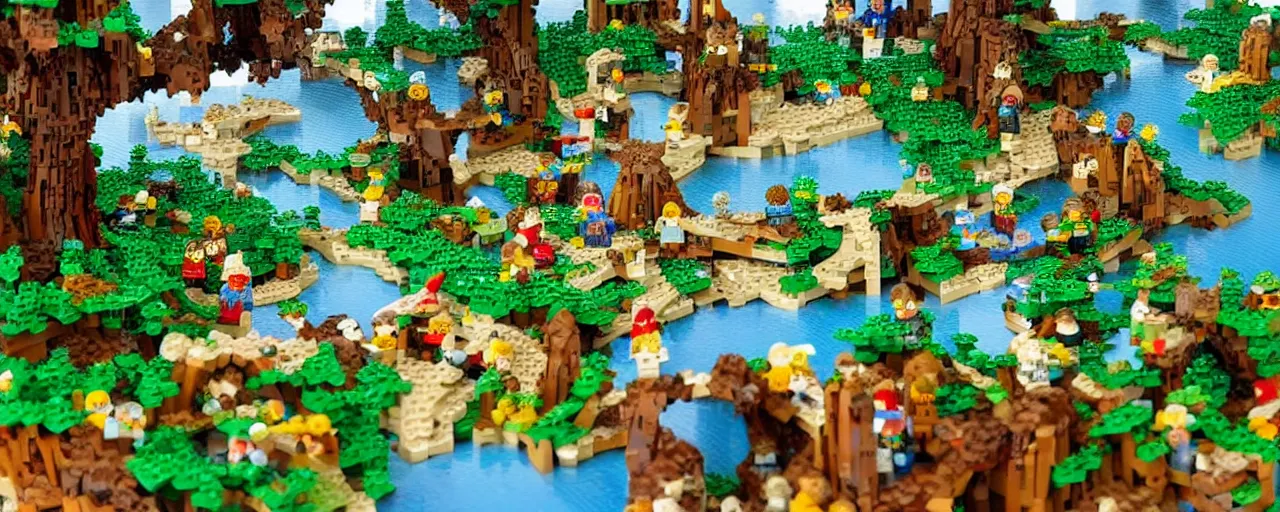 Prompt: Medieval beautiful enchanted landscape with trees, flourishing nature, lakes and waterfalls, made of LEGO, in the style of LEGO