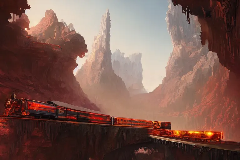 Prompt: a steam locomotive riding through a canyon towards a fortified futuristic city, hyperdetailed, artstation, by Feng Zhu and James Paick, by Ryan Church