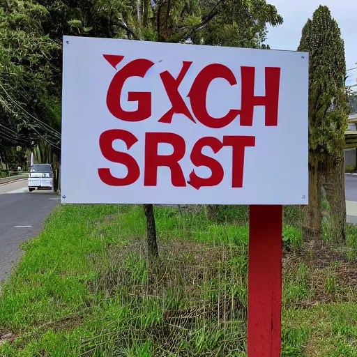 Prompt: a cardboard sign that says gxrch posted at a suburban street corner, photograph