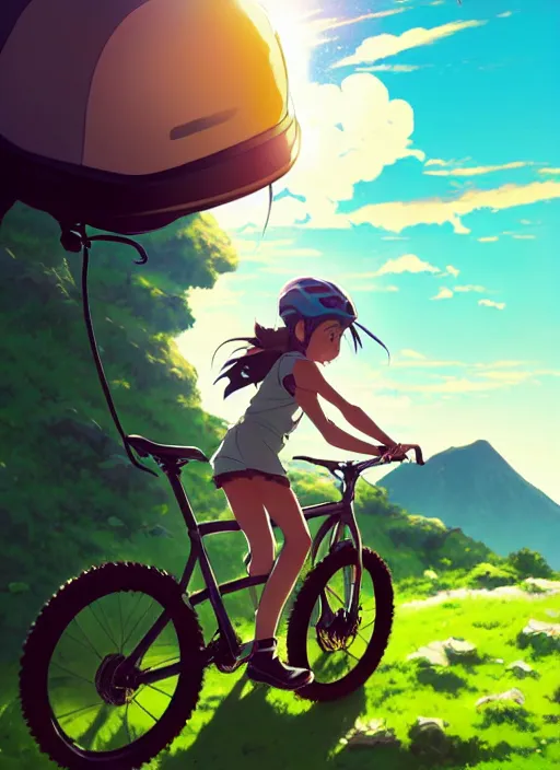 Prompt: portrait of cute girl riding mountain bike, sunny sky background, downhill landscape, illustration concept art anime key visual trending pixiv fanbox by wlop and greg rutkowski and makoto shinkai and studio ghibli and kyoto animation, symmetrical facial features, sports clothing, mountain bike helmet, backlit, realistic anatomy