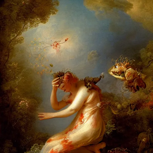 Image similar to wonderful world of carnivorous plant eating a woman, painted in high resolution, 8k, by fragonard