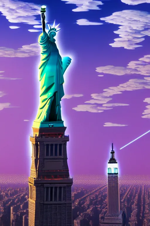 Prompt: of a futuristic photo - realistic new york city with mirrored windows in a shiny crystalline cave : 4, the statue of liberty : 2, highly symmetrical, balanced, purple lightening : 3, octane render, clouds : 2, violet sun : 4, in the style of sahm : 3, hd, ultra - realistic, in unreal engine