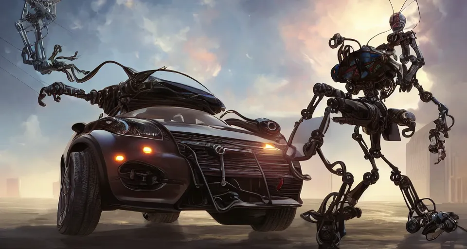 Prompt: praying mantis robot picking up a car, hyperdetailed, close up, artstation, cgsociety, golden hour 8k