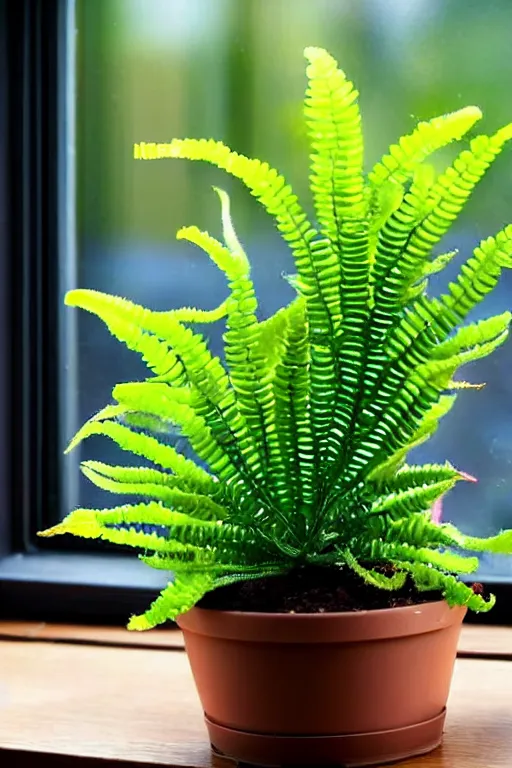 Prompt: an unknown exotic succulent fern shrubbery, a strange and weird potted plant is in a windowsill
