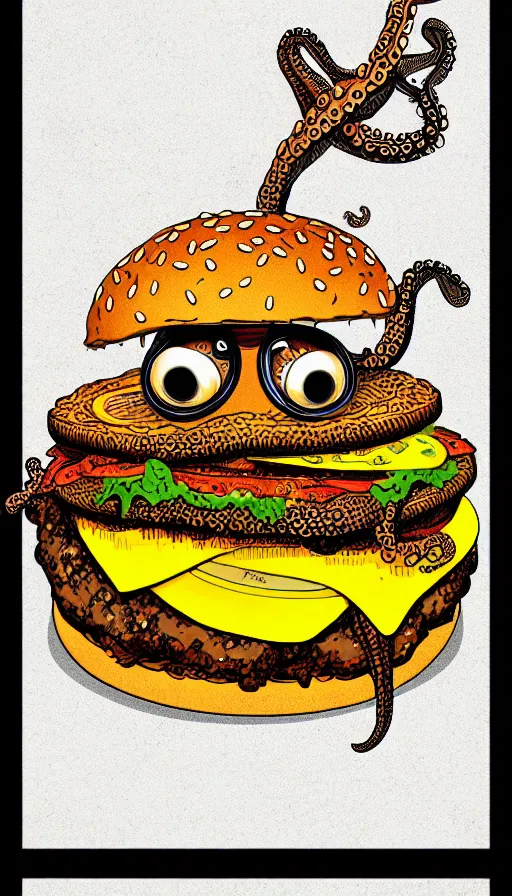 Image similar to illustration of a an octopus inside a cheeseburger, highly detailed, 8 k, vintage, screen print, trending on artstation