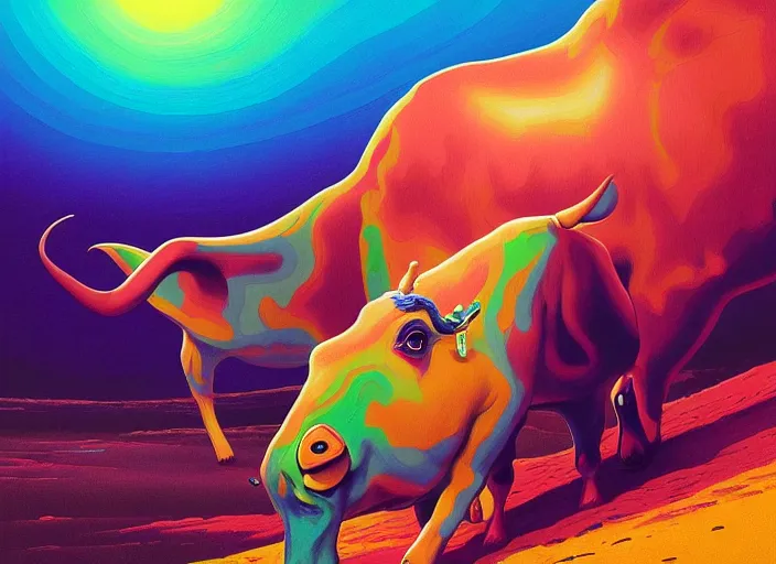 Prompt: A psychedelic portrait of mr bean rotating a cow in his mind, vibrant color scheme, highly detailed, in the style of romanticism, cinematic, artstation, Moebius, Greg rutkowski