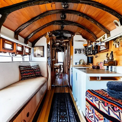 Prompt: a houseboat galley decorated in a witchy bohemian style, 4 k interior design photography