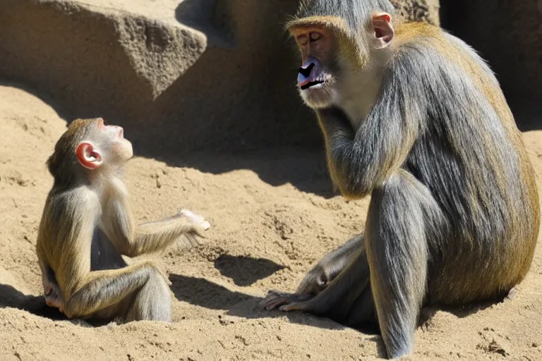 Image similar to a monkey touching a sand castle