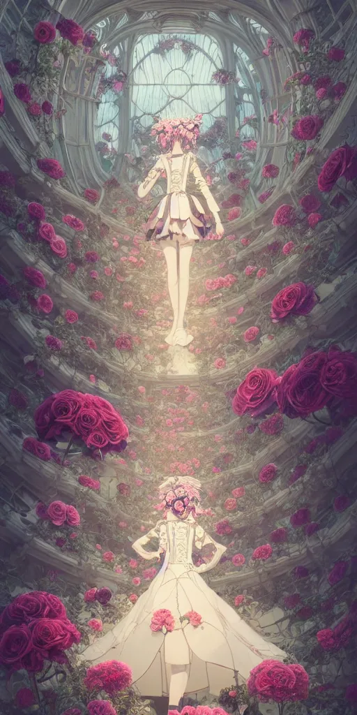 Image similar to the beautiful hyper detailed clothing of a rose wedding gothic lolita dress clothing design display in exhibition hall, exhibition hall lighting, in the style of makoto shinkai victo ngai and peter mohrbacher studio ghibli artgerm karol bak beeple, surrealistic style, 8 k hd, 3 drender, hyperdetailed