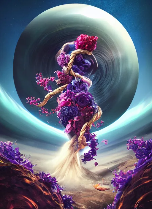 Image similar to An epic fantastic realism comic book style painting of the most beautiful entwined flowers launched gracefully across the dark spinning universe, tornado of bouquets, fisheye, unreal 5, DAZ, hyperrealistic, octane render, dynamic lighting