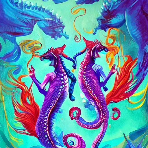 Prompt: merfolk riding seahorses, trending on artstation, colorful, intricate, art by aurore folny and ekaterina burmak