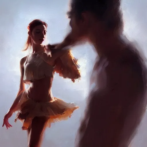 Image similar to oil painting dancer woman with dancer men, herb rose, by greg rutkowski, artstation