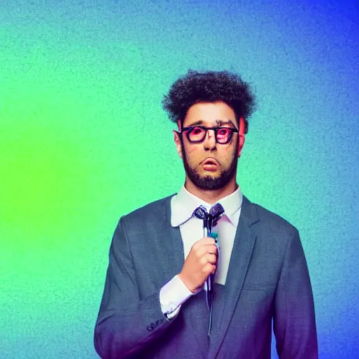 Prompt: handsome nerdy man raps into microphone, hip hop vaporwave, abstract background, neon, photo, detailed, 4k