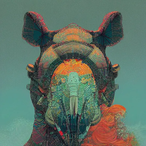 Prompt: cross between parrot and rhinoceros, digital art, oil painting victo ngai