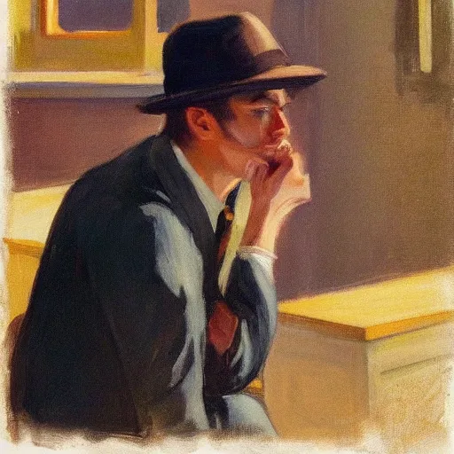 Image similar to a brown haired man with a 5 o'clock shadow, detailed, edward hopper, trending on artstation,