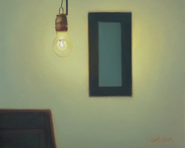 Prompt: Lightbulb in a lone room casting light on the walls. Norbert Schwontkowski oil painting.