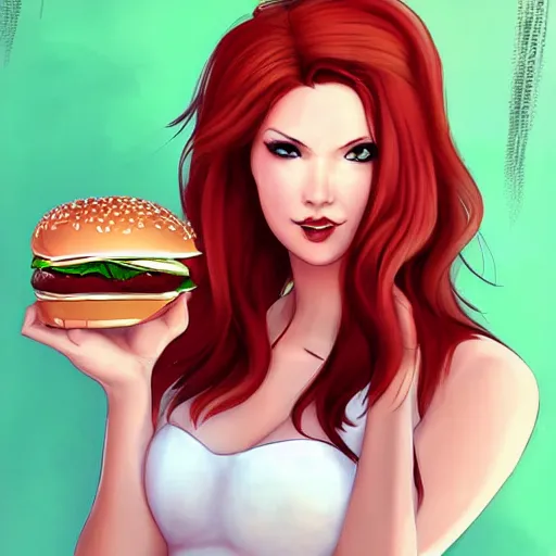 Prompt: beautiful woman with red hair and green eyes wearing a white sundress, at a drive-through, flirting, smiling, eye contact, perfect face, it\'s Wendy from Wendy\'s giving out hamburgers, digital art in the style of artgerm and WLOP, extreme long shot