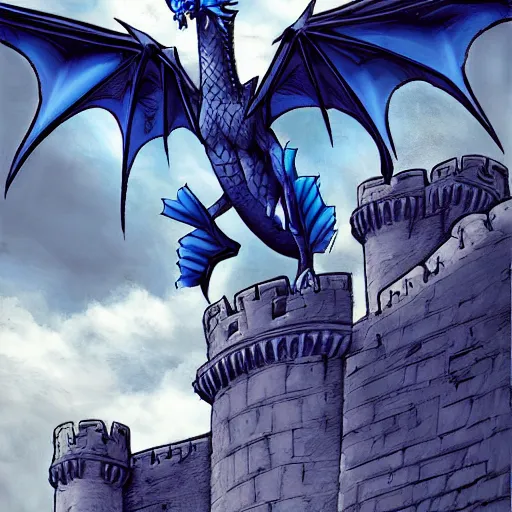 Prompt: A large azure dragoness atop a castle tower by Andy Kubert, noir, gloomy, highly detailed