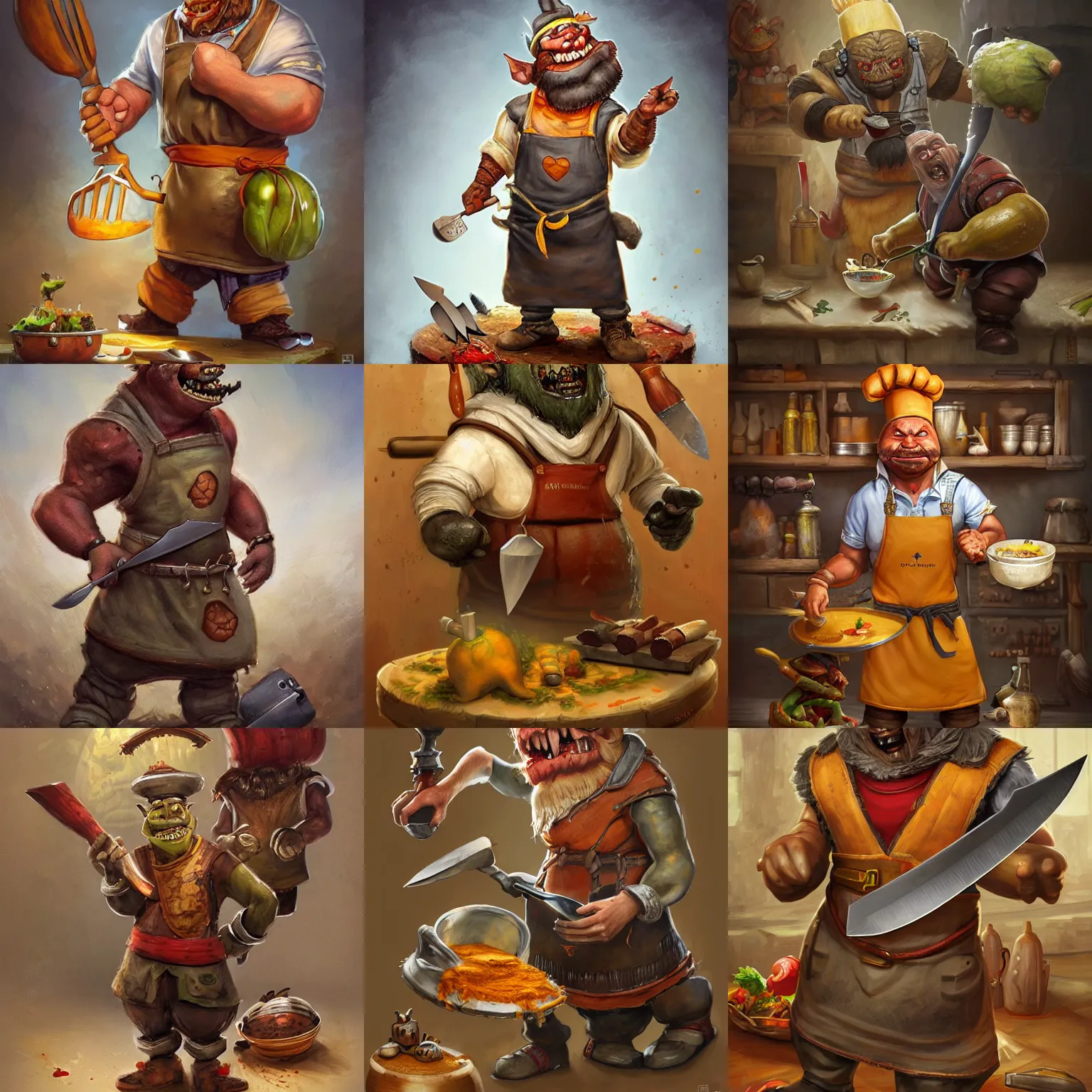 Prompt: ork chef in an apron, he has big knives on his belt, bottles of spices, in the style of Justin Gerard and alexandre deboine, highly detailed, trending on artstation, award winning