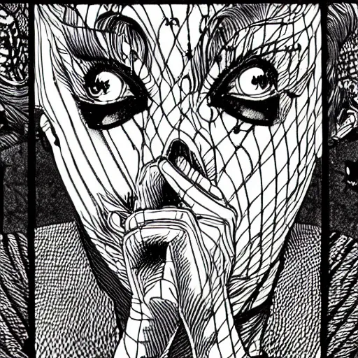 Prompt: ultrarealistic, pop art poster from mangaka junji ito, intricate details, sharp focus, perfect baroque like real project, symmetrical