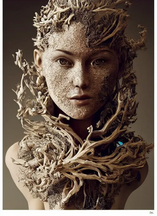 Image similar to sculpture made of wood, portrait, female, future, wood, tree, harper's bazaar, vogue, magazine, insanely detailed and intricate, concept art, close up, ornate, luxury, elite, elegant, trending on artstation, by ruan jia, by Kenneth Willardt, by ross tran, by WLOP, by Andrei Riabovitchev,