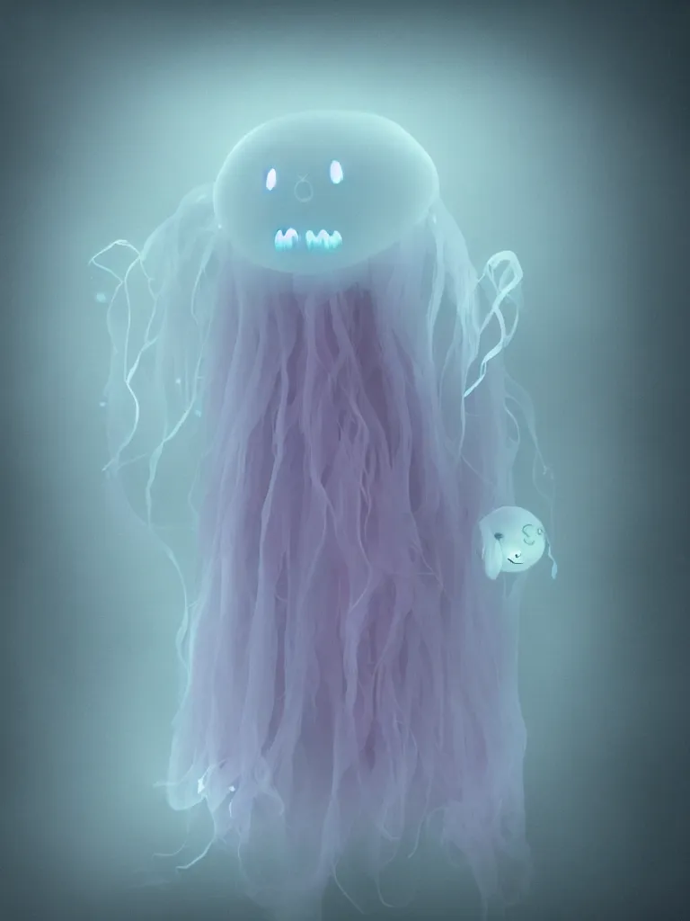 Image similar to cute fumo plush smiling ectoplasmic gothic jellyfish ghost girl waving in deep fog over mysterious waters, reflective river bank in the midst of a forgotten forest, glowing pink wisps of hazy green smoke and eerie blue volumetric fog swirling about, moonlight, glowing lens flare, black and white, refraction, vray