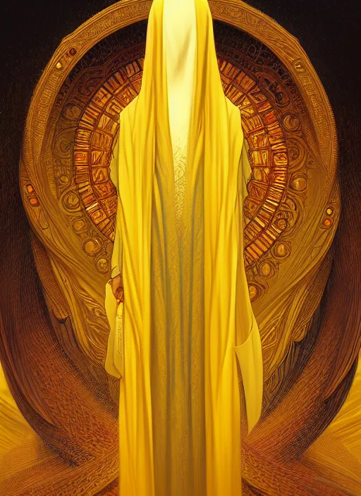 Prompt: the king in yellow, rpg character, intricate, elegant, highly detailed, digital painting, artstation, concept art, smooth, sharp focus, illustration, art by artgerm and greg rutkowski and alphonse mucha, 8 k