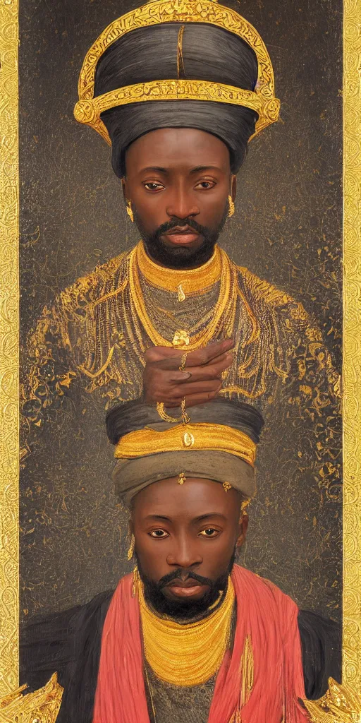 Image similar to a stunning and noble highly detailed romantic period style portrait of mansa musa by charles sillem lidderdale, trending on artstation, oil painting masterpiece, symmetry, mysterious, very very very aesthetic, african iconography