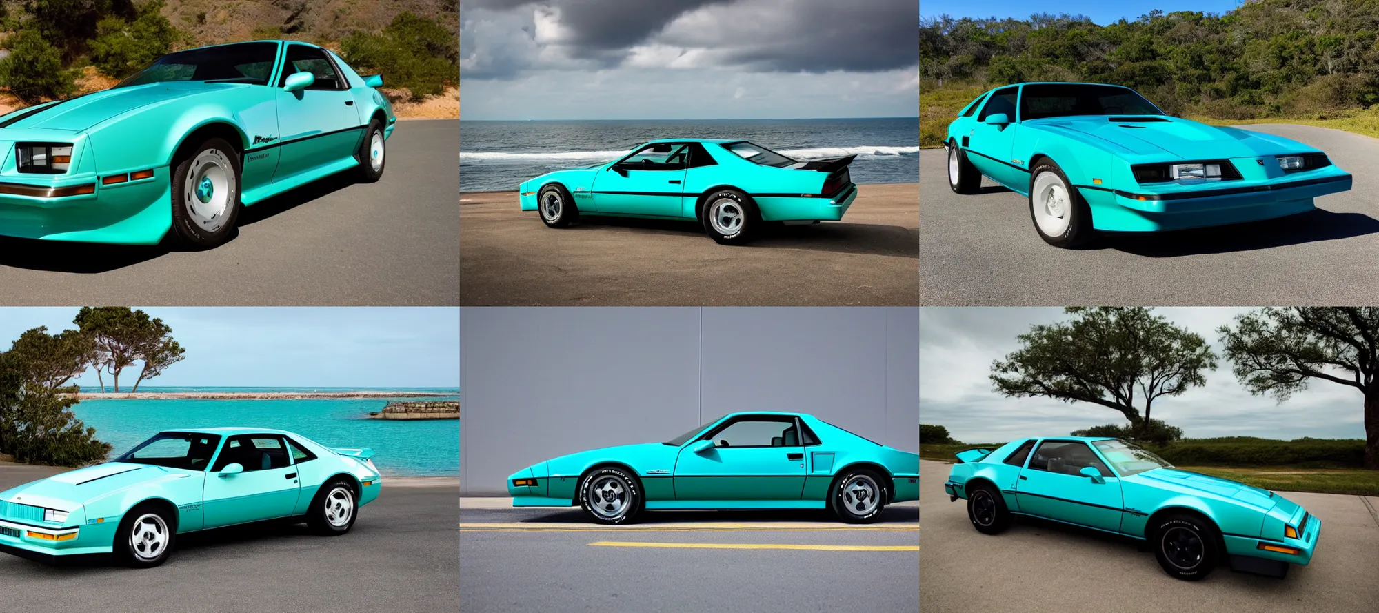 Prompt: a 1987 iroc z camaro reflecting above a teal ocean