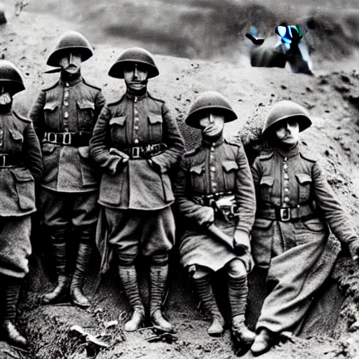 Image similar to an image of cats in british WWI gear waiting in the trenches for the next battle, 4k, photorealism