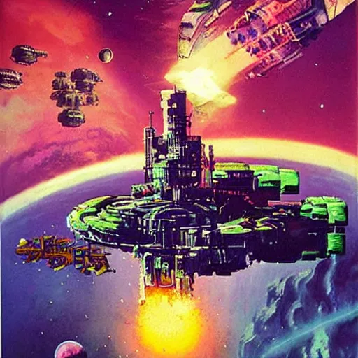 Image similar to eldritch, futuresynth by chris foss jaunty. a beautiful digital art of a space battle with wild, bright colors.