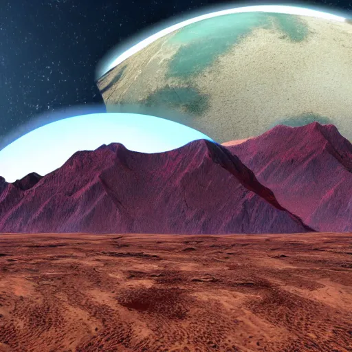 Prompt: surface of an alien planet with mountains