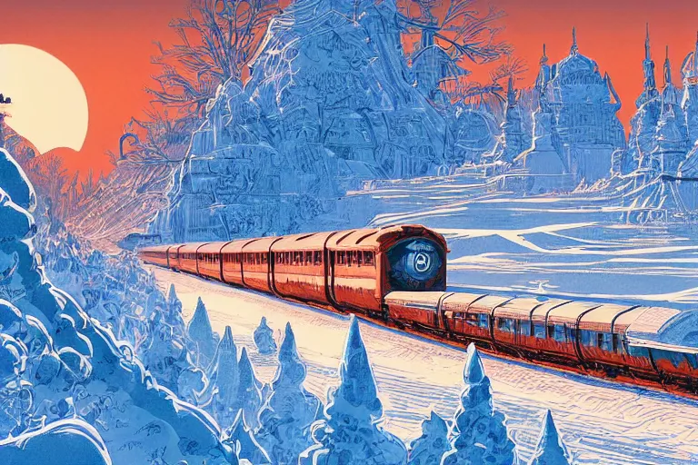 Image similar to trans - siberian express train illustration by joe fenton and syd mead and p. craig russell and barry windsor - smith, artstation, 4 k, graphic novel, concept art, matte painting, beautiful russian winter landscape sunset background, golden hour, art nouveau