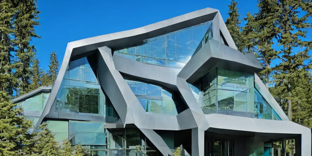 Image similar to large futuristic residence, pacific northwest, gray concrete, large blue and green windows, blue and green metal, triangular elements