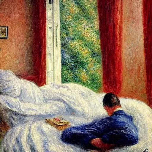 Image similar to on a rainy day, someone in home sits in bed, curled up under the covers, watching the rain outside the window, cinematic, artstation, extremely detailed, intricate, cinematic lighting, art by pierre - auguste renoir, gustave caillebotte