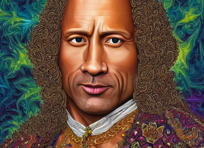 Image similar to beautiful oil painting, full length portrait of Dwayne the rock Johnson as Louis xiv in coronation robes 1701, Dan Mumford, Dan Mumford, Alex grey, Alex grey, highly detailed , lsd visuals, dmt fractal patterns, hallucinogen, visionary art, psychedelic art, ornate, vaporwave, baroque