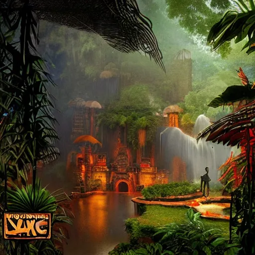 Prompt: aztec jungle village, ornate, beautiful, atmosphere, mist, vibe, smoke, beautiful, rain, reflection, pristine, puddles, waterfall, melting, dripping, wild look, mattepainting concept blizzard pixar maya engine splash comics global illumination lighting artstation, sharp focus, norman rockwell