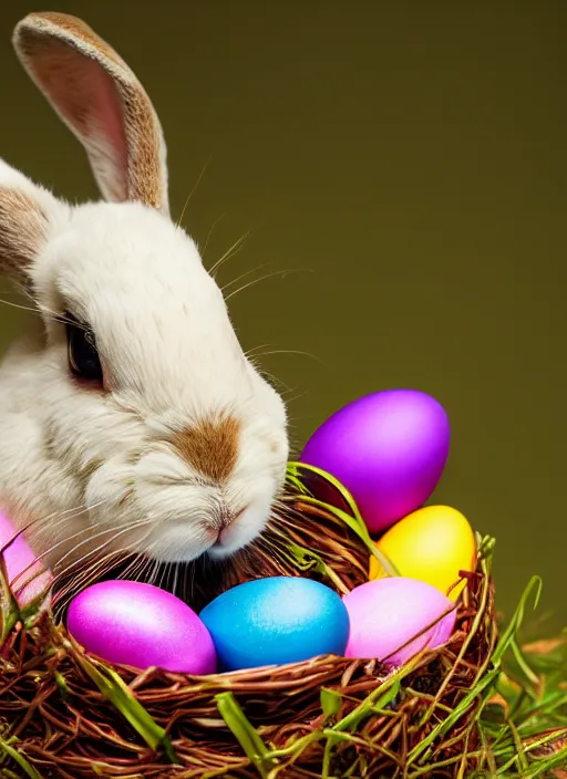 Image similar to a 3 5 mm photo of a lop - eared bunny sitting in an easter basket full of colorful easter eggs, bokeh, canon 5 0 mm, cinematic lighting, film, photography, golden hour, depth of field, award - winning, art by greg rutkowski, maxfield parrish and alphonse mucha