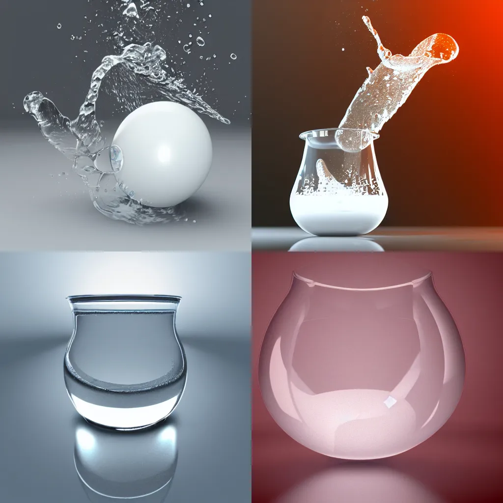 Prompt: 3d render of a solid white ball dropping into a glass container of water, water splashing out, ripple