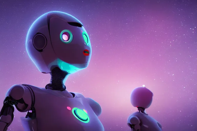 Image similar to a beautiful calm robot girl looking up to the stars, photograph, colorful background, render, 3 d, render, glows, neon, 8 k, 4 d,