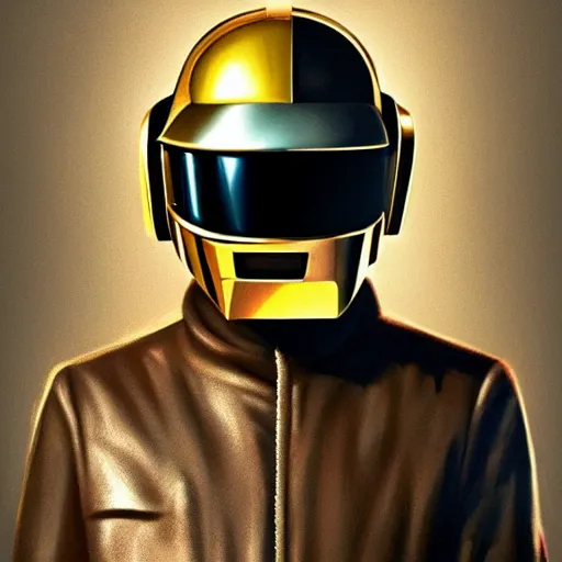 Image similar to portrait of Daft Punk by Greg Rutkowski, wearing a leather jacket, highly detailed portrait, digital painting, artstation, concept art, smooth, sharp foccus ilustration, Artstation HQ