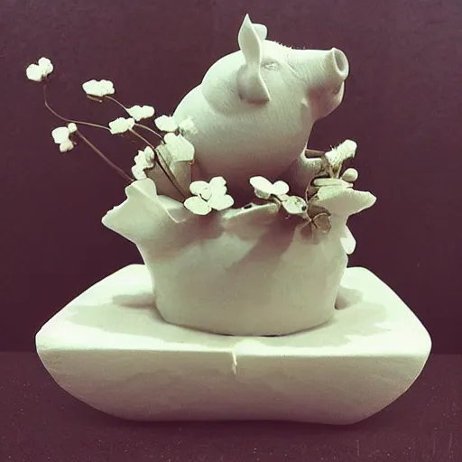 Image similar to “pig sculpture, mixed materials, pork, ikebana white flowers, white wax dripping”