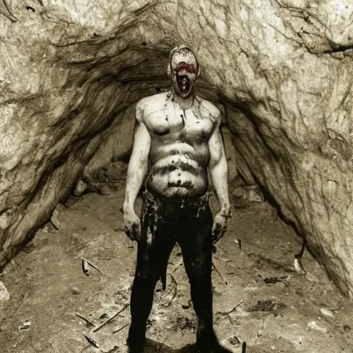 Image similar to big butcher man posing scarily, scary angry pose, covered in blood, fresh kill, cleaver, earie setting, in a cave, horror, hyperdetailed