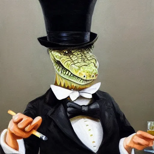 Image similar to “a crocodile wearing a top hat and monocle, dapper, highly detailed, oil on canvas”