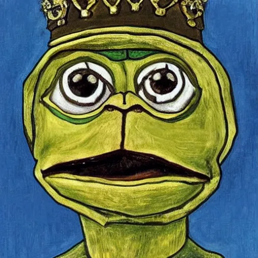 Image similar to pepe the frog as a king of england, painting by Lucien Freud,