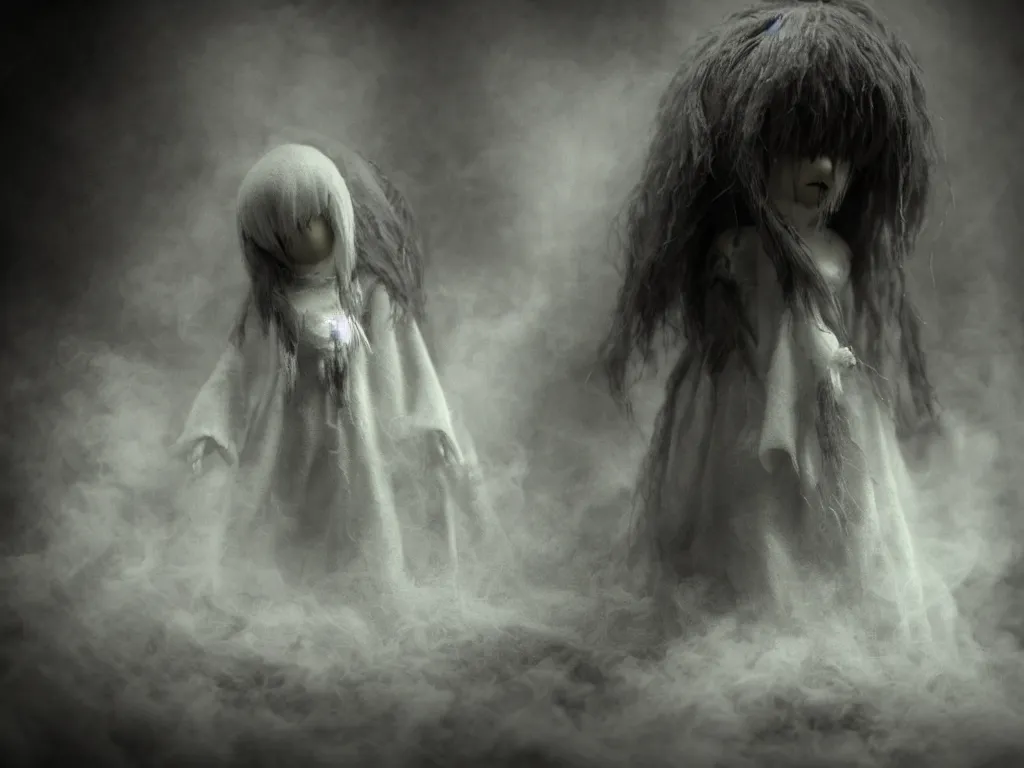 Image similar to cute fumo plush girl ghost in the haze of the murky river, smoke and volumetric fog, tattered gothic horror maiden, fallen angel, light shafts, light and shadow, vray