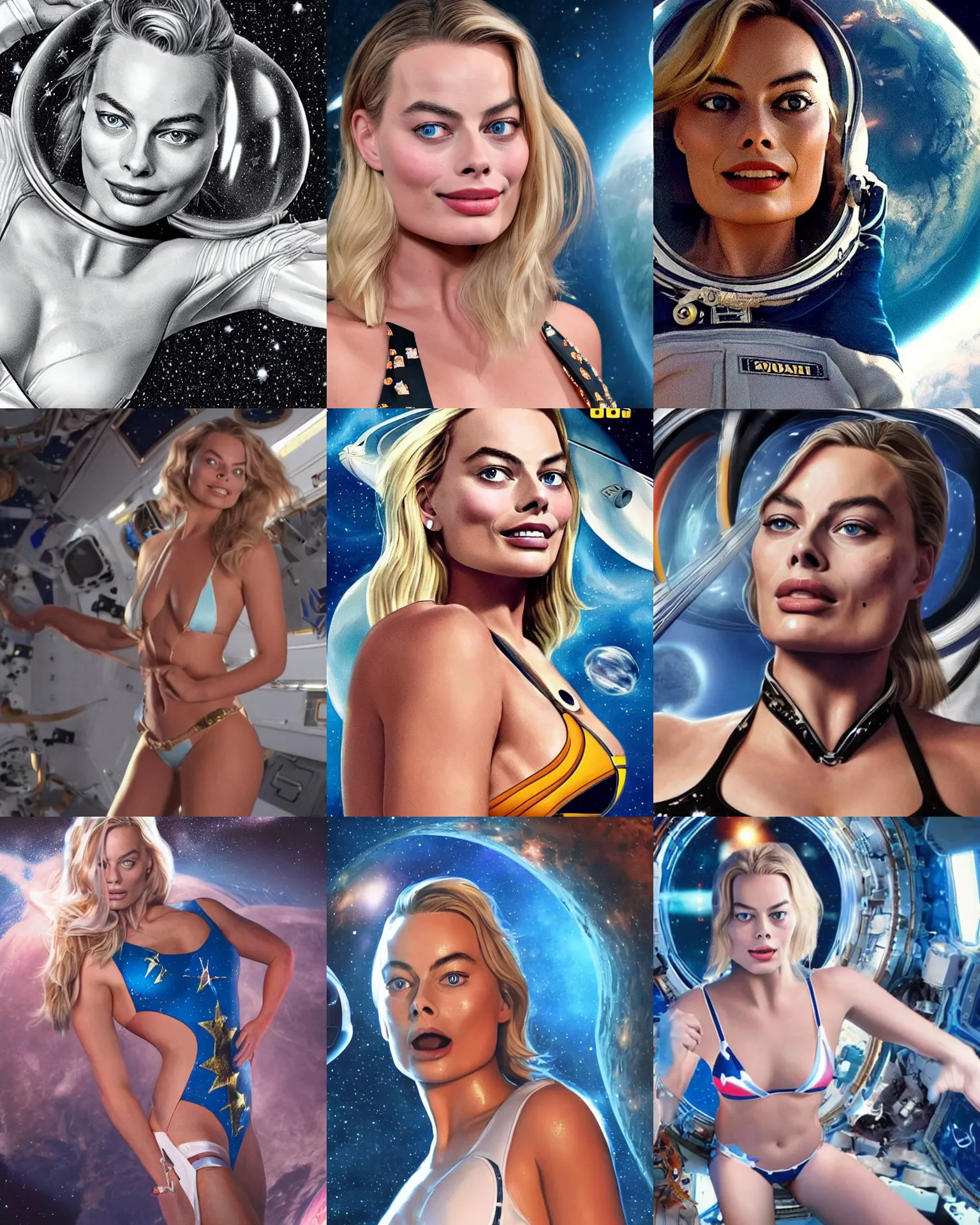 Prompt: margot robbie as an astronaut wearing bikini in space, highly detailed, detailed face, hyper realistic