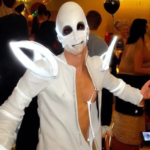 Image similar to vitas wearing white alien costume, holding an intricate futuristic wand, new years eve, 7 th element